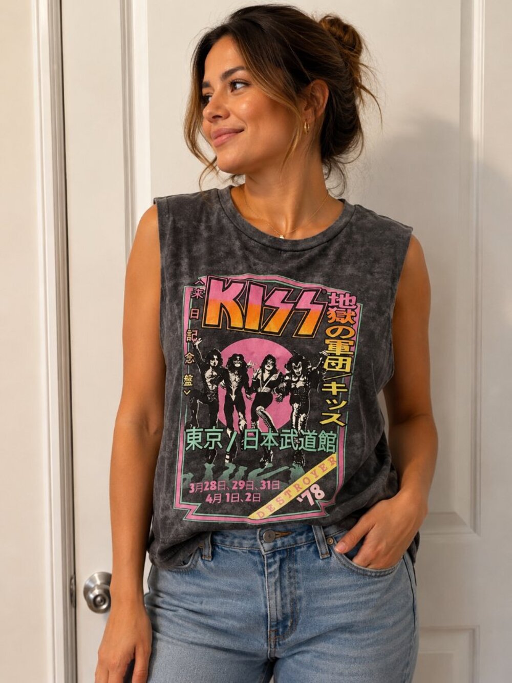 Kiss Gray Muscle Tank with Pink, Yellow & Mint Graphic
